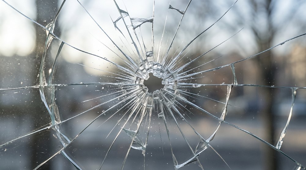 Window glass shattered by an impact, with cracks radiating out from a hole in the center